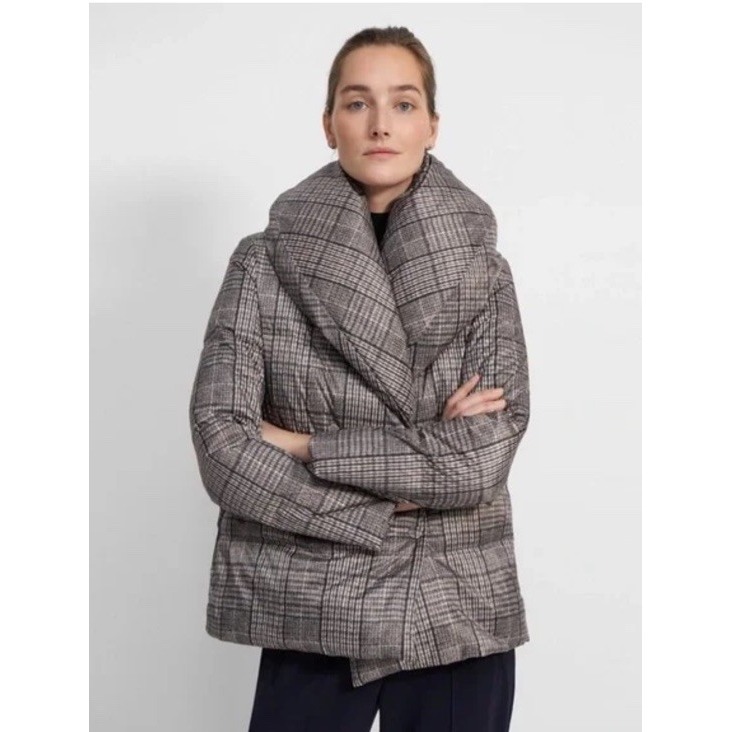 Theory Women's Jacket Grey Glen Plaid Shawl Down Puffer Coat Women's Large $495